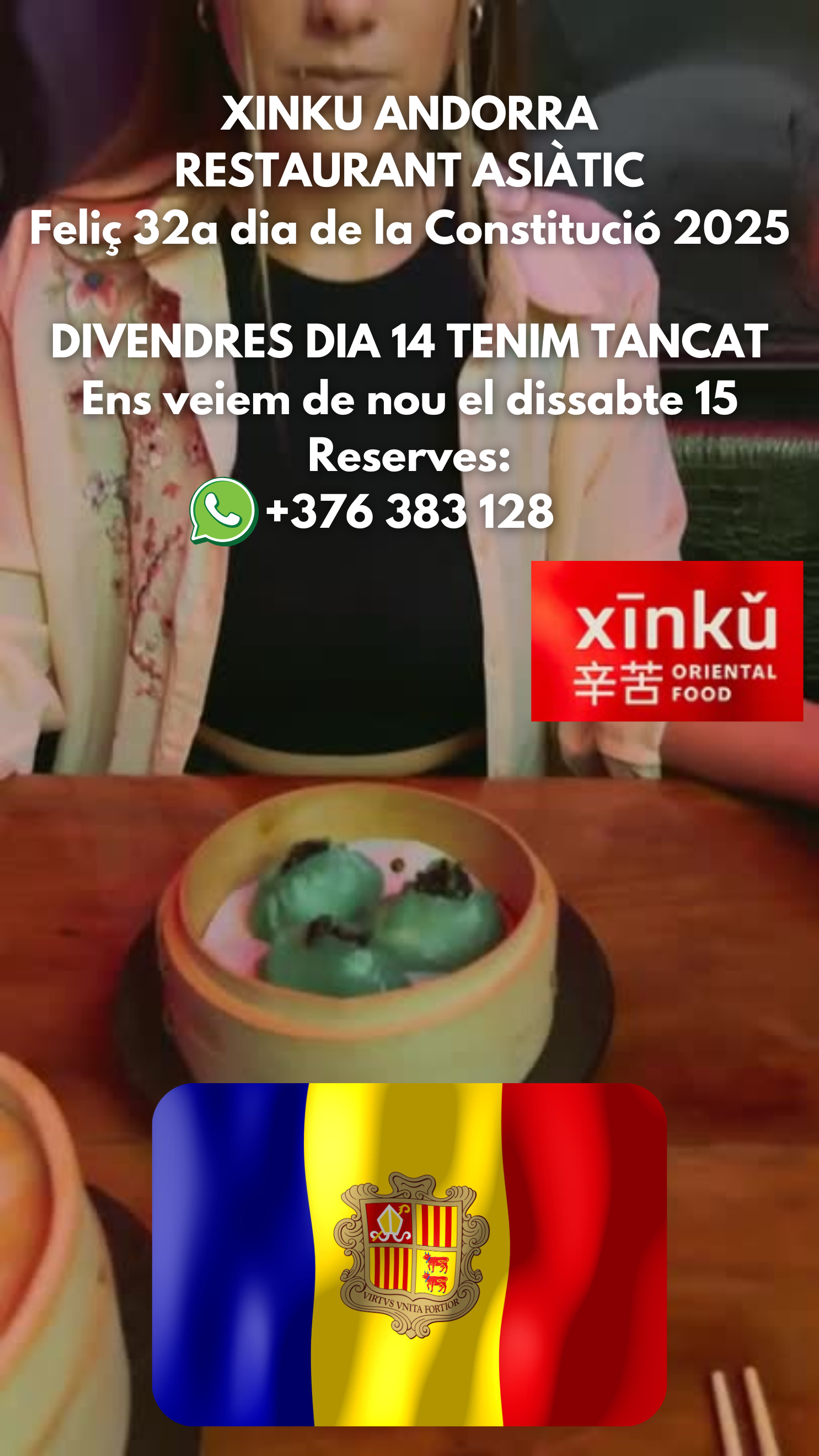 XINKU ANDORRA RESTAURANT ASIÀTIC. Feliç 32è dia de la Constitució andorrana 2025. DIVENDRES DIA 14 TENIM TANCAT. Ens veiem de nou el dissabte 15 de març.